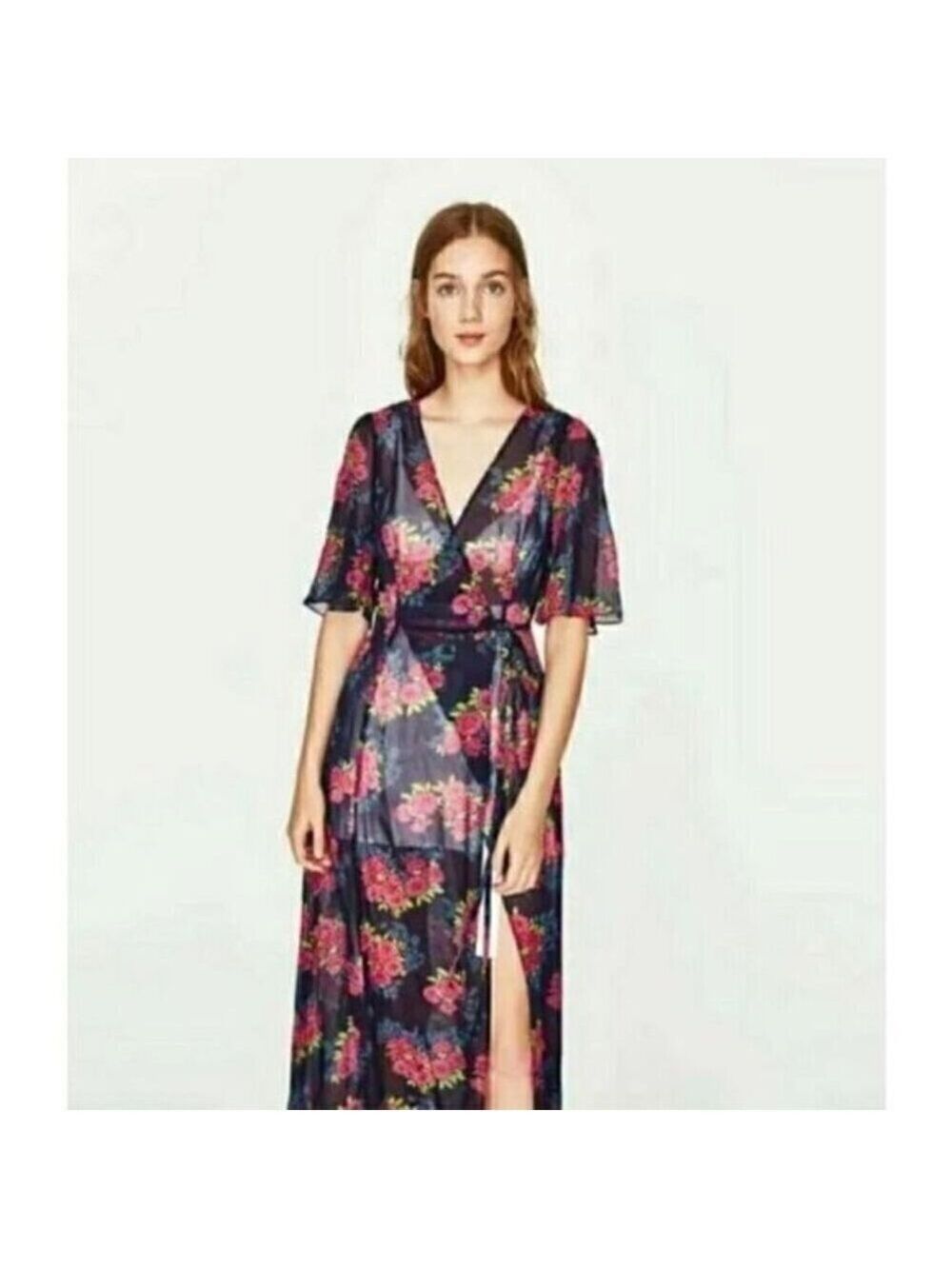 Zara Blue Maxi Wrap Dress Sheer Floral Chiffon V-Neck Short Flutter Sleeve S - Picture 2 of 15